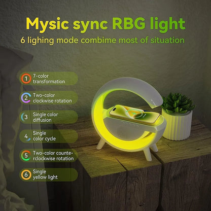 G Speaker Lamp - APP Control 3 in 1 Multi-Function Bluetooth Speaker with Wireless Fast Charging, RGB Light and Sunrise Alarm Clock for Bedroom & Bedside Table Wireless Charger Lamp